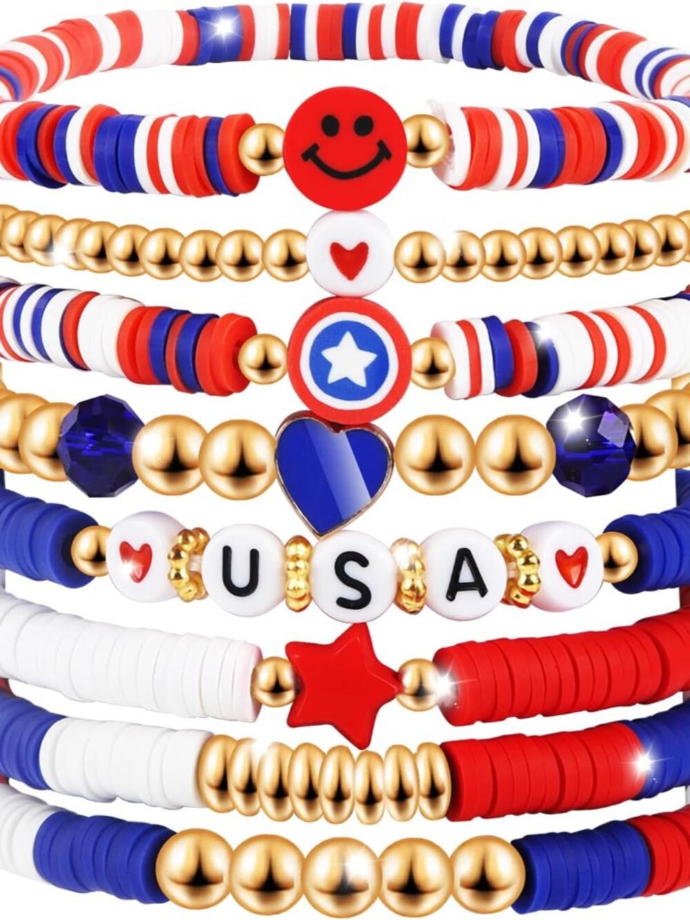 8PCS Red White and Blue Patriotic Bracelets - Stretchable Style for 4th of July
